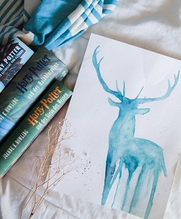 Zeichnung eines Hirsches und Harry Potter Bücher